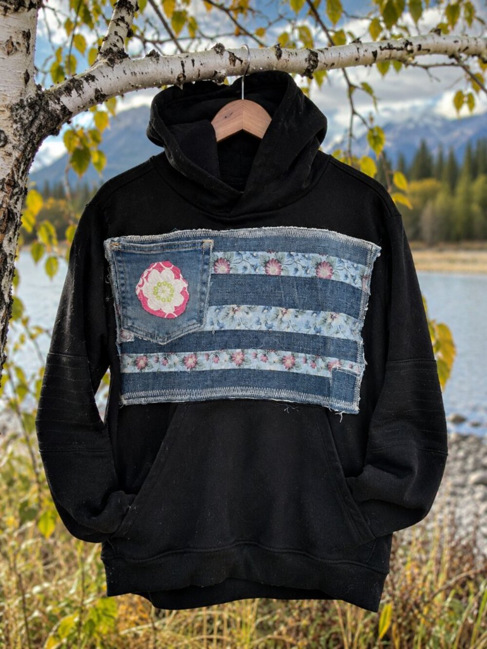Handmade Upcycled Denim Hoodie Wearable Art from Alaska